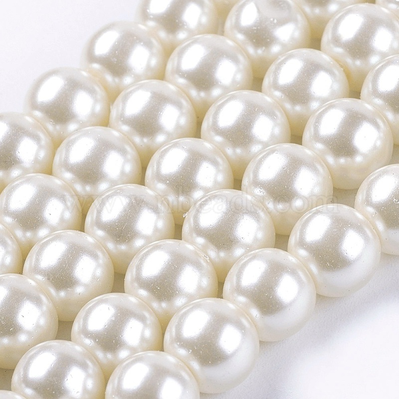 Glass Pearl Beads Strands Pearlized Round Creamy White 8mm Hole