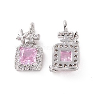 Brass Micro Pave Clear Cubic Zirconia Charms, with Pearl Pink Glass, Perfume Bottle with Butterfly, Platinum, 11x6.7x4mm, Hole: 1.4mm(KK-E068-VF219)