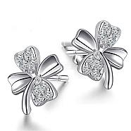 Real Platinum Plated Brass Four Leaf Clover Stud Earrings, with Rhinestone, Crystal, 8x8mm(EJEW-EE0001-231)