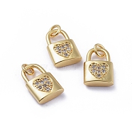 Brass Micro Pave Cubic Zirconia Pendants, with Jump Rings, Long-Lasting Plated, Lock with Heart, for Valentine's Day, Clear, Golden, 15x10x3.5mm, Hole: 3mm(X-ZIRC-G163-20G)