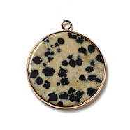 Natural Dalmatian Jasper Pendants, Flat Round Charms, with Golden Plated Brass Frame, 35x31x3~3.5mm, Hole: 2.5mm(G-A213-01G-06)