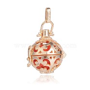Golden Plated Brass Hollow Round Cage Pendants, with No Hole Spray Painted Brass Beads, Orange, 34x25x20mm, Hole: 3x8mm(KK-J246-05G)