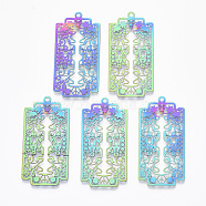 Ion Plating(IP) 201 Stainless Steel Filigree Pendants, Etched Metal Embellishments,  Rectangle with Sugar Skull, For Mexico Holiday Day of The Dead, Rainbow Color, 45x22x0.4mm, Hole: 1.8mm(STAS-T057-14)