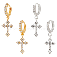 2Pcs 2 Colors Brass Cross Dangle Hoop Earrings with Rhinestone, Platinum & Golden, 32x10mm, 1Pc/color(EJEW-AN0004-64)
