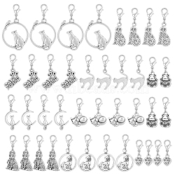 Cat Tibetan Style Alloy Pendant Decoration, with Lobster Claw Clasps, Antique Silver, 25~45mm, 10 style, 4pcs/style, 40pcs/set(HJEW-AB00433)