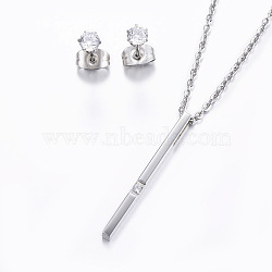 304 Stainless Steel Jewelry Sets, Bar Pendant Necklaces and Stud Earrings, with Cubic Zirconia, Stainless Steel Color, 17.72 inch(45cm), 15x4x4mm, Pin: 0.8mm(SJEW-H059-11P)