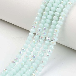 Electroplate Opaque Solid Color Glass Beads Strands, Half Rainbow Plated, Faceted, Rondelle, Light Cyan, 10x8mm, Hole: 1mm, about 63~65pcs/strand, 19.2~20 inch(48~50cm)(EGLA-A034-P10mm-L09)