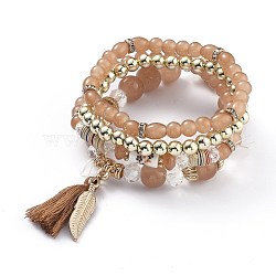 Multi-layered Stretch Bracelets Sets, Stackable Bracelets, with Acrylic Beads, Golden Plated Alloy Findings and Yarn Tassel Pendants, Bisque, Inner Diameter: 1-7/8~2-1/8 inch(4.9~5.4cm), 4pcs/set(BJEW-H533-02B)