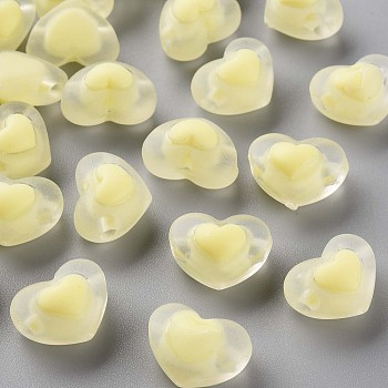 Transparent Acrylic Beads, Frosted, Bead in Bead, Heart, Light Yellow, 13x17x9.5mm, Hole: 2.5mm, about 420pcs/500g