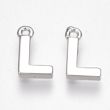 Brass Charms, Letter, Nickel Free, Real Platinum Plated, Letter.L, 8.5x5.5x1.5mm, Hole: 0.8mm