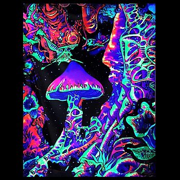 Polyester Glow in The Dark Wall Tapestry, Night Art Tapestry, for Neon Party Wall, Bedroom, Living Room, with Traceless Nail & Clips, Mushroom Pattern, 930x730x0.2mm
