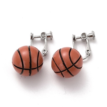 Round Basketball Dangle Clip-on Earrings for Women, Sport Ball Drop Earrings for Non Piercing, Platinum, Sienna, 37mm, Pin: 1.5mm