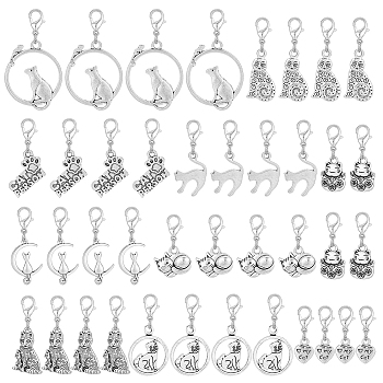 Cat Tibetan Style Alloy Pendant Decoration, with Lobster Claw Clasps, Antique Silver, 25~45mm, 10 style, 4pcs/style, 40pcs/set