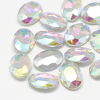 Pointed Back Glass Rhinestone Cabochons, Back Plated, Faceted, Oval, Crystal AB, 8x6x3mm