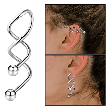 316 Stainless Steel Spiral Barbell, Twist Cartilage Earring for Women, Stainless Steel Color, 37~25x6.5mm, Pin: 14 Gauge(1.63mm), Bead: 5mm Diameter