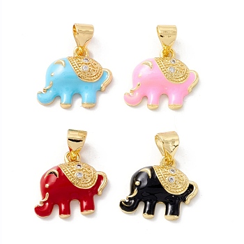 Rack Plating Brass Cubic Zirconia Charms, with Enamel, Cadmium Free & Lead Free, Real 18K Gold Plated, Elephant, Mixed Color, 13x15x4mm, Hole: 4x4mm