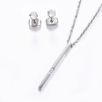 304 Stainless Steel Jewelry Sets, Bar Pendant Necklaces and Stud Earrings, with Cubic Zirconia, Stainless Steel Color, 17.72 inch(45cm), 15x4x4mm, Pin: 0.8mm