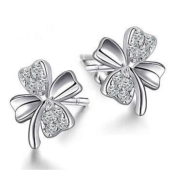 Real Platinum Plated Brass Four Leaf Clover Stud Earrings, with Rhinestone, Crystal, 8x8mm
