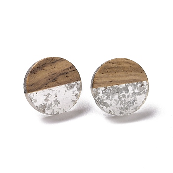 Resin & Walnut Wood Flat Round Stud Earrings with 304 Stainless Steel Pin for Women, Silver, 10mm, Pin: 0.6mm