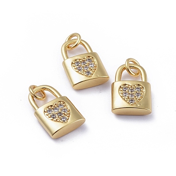 Brass Micro Pave Cubic Zirconia Pendants, with Jump Rings, Long-Lasting Plated, Lock with Heart, for Valentine's Day, Clear, Golden, 15x10x3.5mm, Hole: 3mm