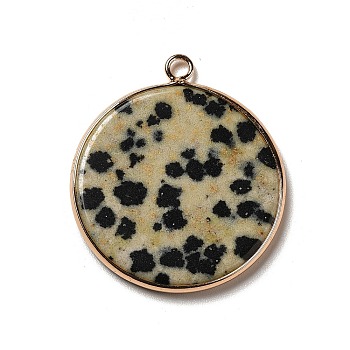 Natural Dalmatian Jasper Pendants, Flat Round Charms, with Golden Plated Brass Frame, 35x31x3~3.5mm, Hole: 2.5mm
