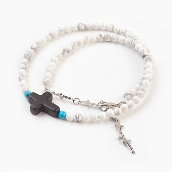 Two Loops Natural Howlite Beads Warp Bracelets, with Synthetic Turquoise and 304 Stainless Steel Bar Link Chains, White, 15-1/8 inch(38.5cm)