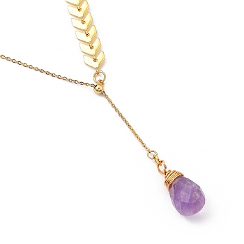 Brass Lariat Necklaces, with Teardrop Natural Amethyst, Cobs Chains & Cable Chains, Golden, 19.49 inch(49.5cm)