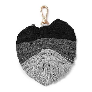 Handmade Braided Macrame Cotton Thread Leaf Pendant Decorations, with Brass Clasp, Black, 13.5cm