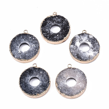 Natural Druzy Agate Pendants, Dyed, with Golden Tone Brass Loops, Disc, Gray, 34.5x30.5x7~8.5mm, Hole: 2mm