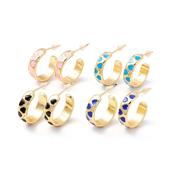 Real 18K Gold Plated Brass Stud Earrings for Women, Rack Plating Open Hoop Earring, Heart Pattern Enamel Half Hoop Earring, Cadmium Free & Lead Free, Mixed Color, 6x19mm, Pin: 1mm