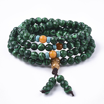 3-Loop Wrap Style Buddhist Jewelry, Synthetic Malachite Mala Bead Bracelets, Stretch Bracelets, Round, 26.38 inch(67cm)