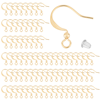 150Pcs Brass Earring Hooks, with Horizontal Loops and 200Pcs Plastic Ear Nuts, Long-Lasting Plated , Golden, 16x15.5x2.5mm, Hole: 2.5mm, 24 Gauge, Pin: 0.5mm