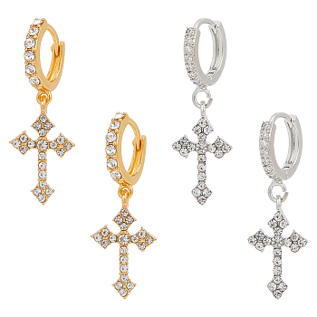 2Pcs 2 Colors Brass Cross Dangle Hoop Earrings with Rhinestone, Platinum & Golden, 32x10mm, 1Pc/color