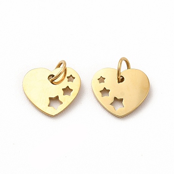 Ion Plating(IP) 304 Stainless Steel Pendants, with Jump Ring, Heart, Real 14K Gold Plated, 7x8x0.5mm, Hole: 2mm