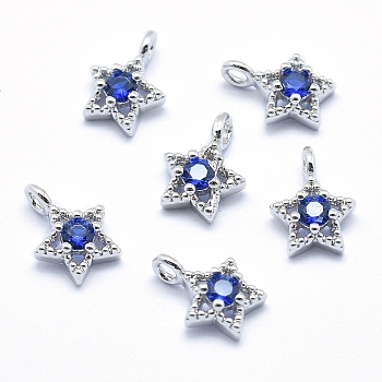 Brass Charms, with Cubic Zirconia, Cadmium Free & Nickel Free & Lead Free, Star, Blue, Real Platinum Plated, 11x7.5x4mm, Hole: 2mm