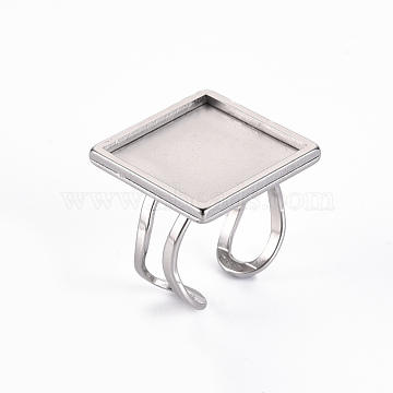 201 Stainless Steel Cuff Pad Ring Settings, Laser Cut, Square, Stainless Steel Color, Tray: 18x18mm, US Size 7 1/4(17.5)~US Size 8(18mm)(STAS-S080-041E-P)
