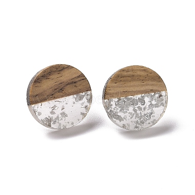 Silver Flat Round Wood Stud Earrings