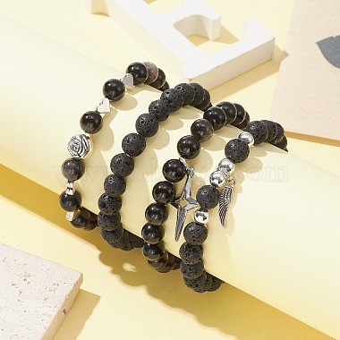 4Pcs 4 Style Natural Silver Obsidian & Lava Rock Stretch Bracelets Set(BJEW-JB09480)-3