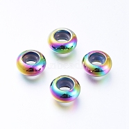 Vacuum Plating 202 Stainless Steel Beads, with Plastic, Slider Beads, Stopper Beads, Rondelle, Rainbow Color, 9x4.5mm, Hole: 3mm(STAS-F148-9mm-07M)