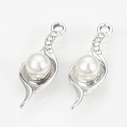 Alloy Pendants, with ABS Plastic Imitation Pearl Beads and Rhinestones, Leaf, Platinum, 30.5x11x8mm, Hole: 2mm(PALLOY-T027-94P)