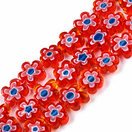 Handmade Millefiori Glass Bead Strands, Plum Bossom, Red, 9.5~12x9.5~12.5x4~4.5mm, Hole: 1.5mm, about 39pcs/strand, 15.94 inch~16.14 inch(40.5~41cm)(LAMP-N029-017D-20)