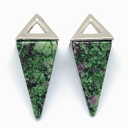 Natural Ruby in Zoisite Pendants, with Alloy Findings, Triangle, Platinum, 34x14x14.5mm, Hole: 4x6mm(KK-E757-D-15P)