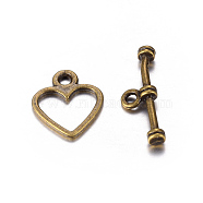 Tibetan Style Toggle Clasps, Lead Free, Cadmium Free and Nickel Free, Antique Bronze, Heart: 14x12mm, Bar: 19mm, Hole: 1.5mm(MLF1178Y-NF)