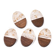 Transparent Resin and Walnut Wood Pendants, Oval Charms with Gold Foil, Antique White, 23x15.5x3.5mm, Hole: 2mm(RESI-T057-04N)