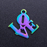 Valentine's Day Ion Plating(IP) 201 Stainless Steel Charms, Word Love, Rainbow Color, 16x16.5x1mm, Hole: 1.5mm(STAS-Q201-JN170)