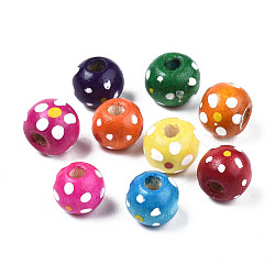 Spray Painted Natural Wood Beads, Round with Polka Dot, Mixed Color, 9~10.5x8~9mm, Hole: 2.5~3.5mm, about 3700pcs/1000g(WOOD-N012-003)