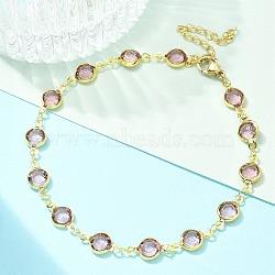 304 Stainless Steel Flat Round Acrylic Rhinestone Cup Chain Anklets for Women, Real 18K Gold Plated, Pale Violet Red, 210x6.5mm(AJEW-B031-02G-01)