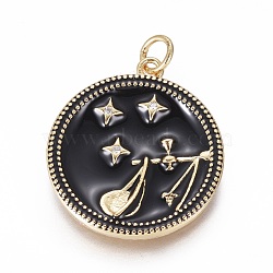 Brass Micro Pave Cubic Zirconia Pendants, with Enamel and Jump Ring, Flat Round with Constellations, Golden, Libra, 23x21x2.5mm, Hole: 3mm(ZIRC-L083-013B-05G)
