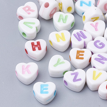 Craft Style Acrylic Beads, Horizontal Hole, Heart with Initial Letter, Mixed Color, 7x7.5x4mm, Hole: 1.6mm, about 350pcs/50g