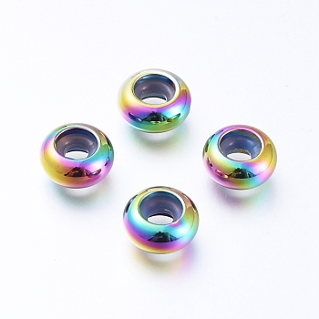 Vacuum Plating 202 Stainless Steel Beads, with Plastic, Slider Beads, Stopper Beads, Rondelle, Rainbow Color, 9x4.5mm, Hole: 3mm